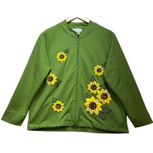 Mandal Bay Women's Zip Up Cardigan Jacket Long Sleeve Size M Green Sunflowers